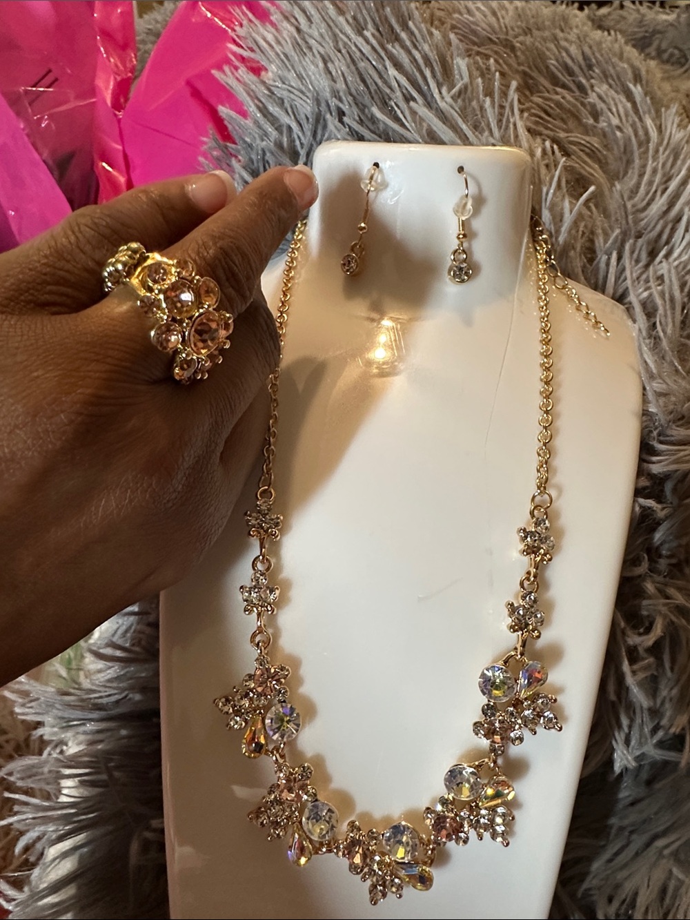 4pcs Gold Crystal Floral Necklace &Earrings Set-Elegant Gold-Tone-stretchy ring
